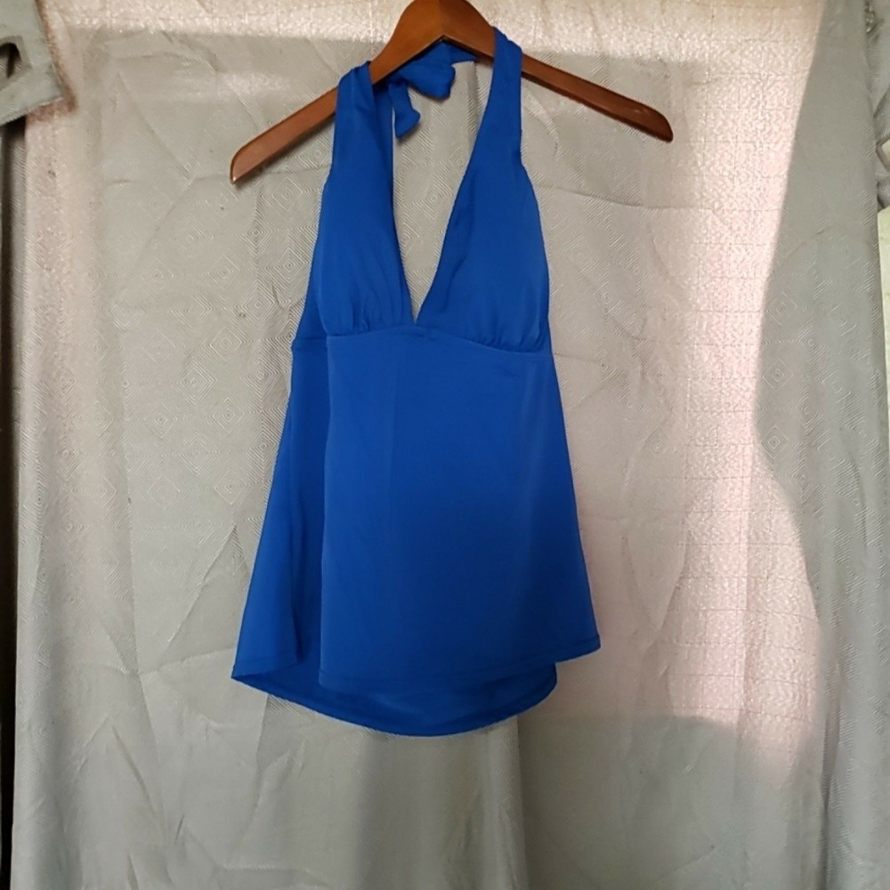 Jaclyn Smith Tankini Swim Top Womens 16 Blue Solid Halter Built In Bra Lined